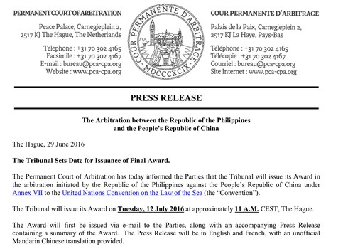 Ngày 12/7, công bố phán quyết vụ Philippines kiện Trung Quốc về Biển Đông - ảnh 1