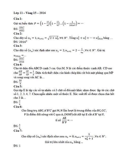 Đề thi ViOlympic Toán Tiếng Việt lớp 11 vòng thi 15 năm 2016 - ảnh 1