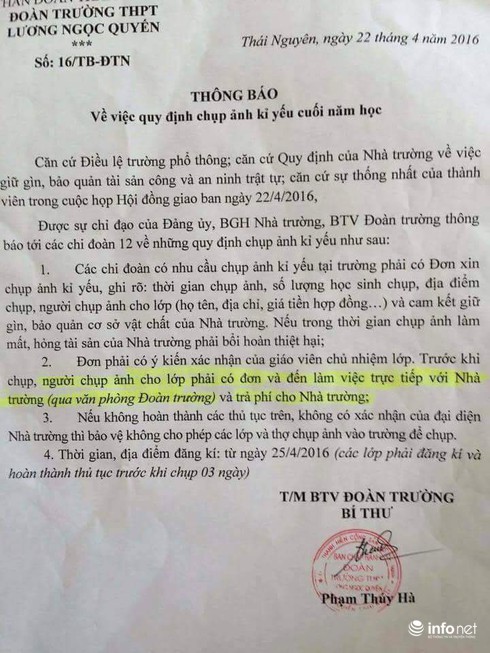 Trả phí cho trường Lương Ngọc Quyến khi chụp ảnh kỷ yếu: Nhiều học sinh bức xúc - ảnh 1
