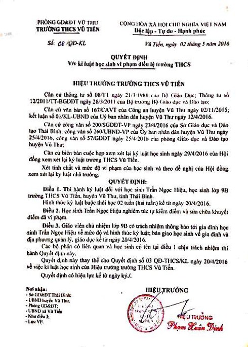 Vụ HS bị đình chỉ học 6 tháng: Tình tiết mới, hình thức kỷ luật mới - ảnh 1