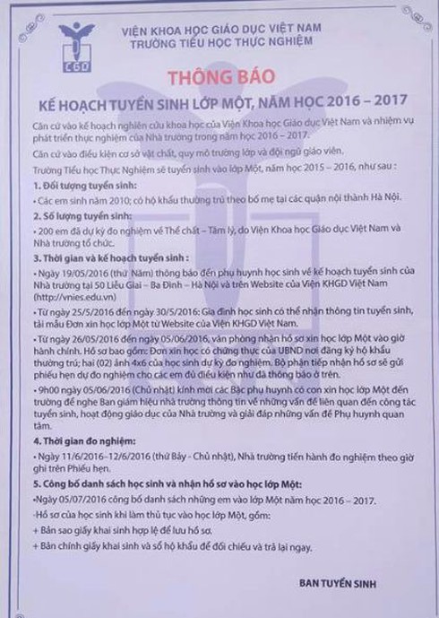 Kế hoạch tuyển sinh lớp 1 Trường Tiểu học Thực nghiệm năm học 2016-2017 - ảnh 1