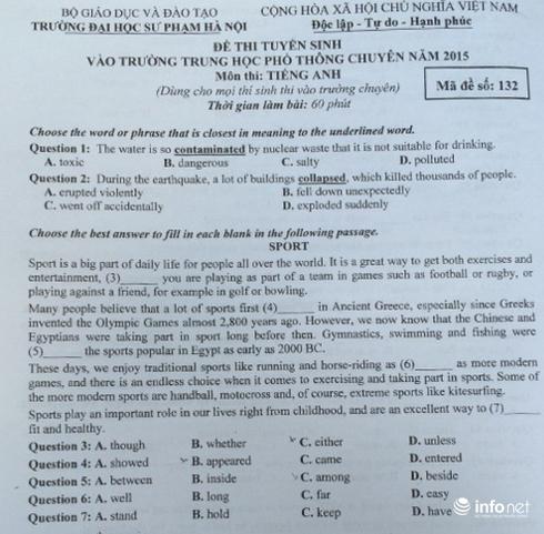 Đề thi Tiếng Anh vào 10 trường THPT chuyên ĐH Sư phạm Hà Nội năm 2015 - ảnh 1