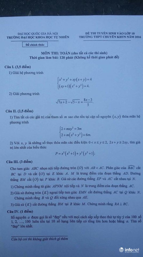 Gợi ý đáp án môn Toán vào lớp 10 khối chuyên Khoa học Tự nhiên vòng 1 năm 2016 - ảnh 2