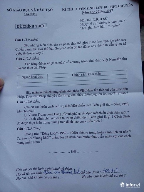 Hà Nội: Gợi ý đáp án Lịch Sử thi vào 10 chuyên năm học 2016 - 2017 - ảnh 1