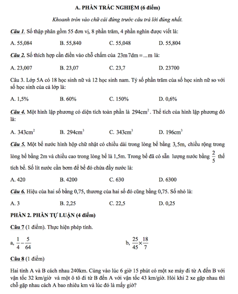 Nghệ An: Đề thi học kỳ II môn Toán lớp 5 quá khó, không HS nào được điểm 10 - ảnh 1