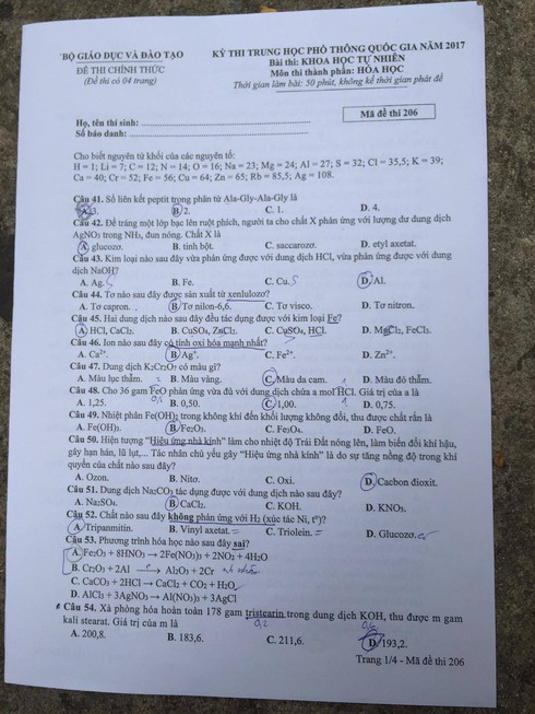 Đề thi môn Hóa học kỳ thi THPT quốc gia 2017 - ảnh 1