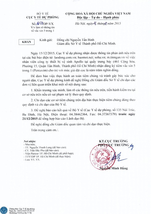 Bộ Y tế vào cuộc vụ showroom thiết bị vệ sinh Appollo đăng ký tiêm vắc xin - ảnh 1