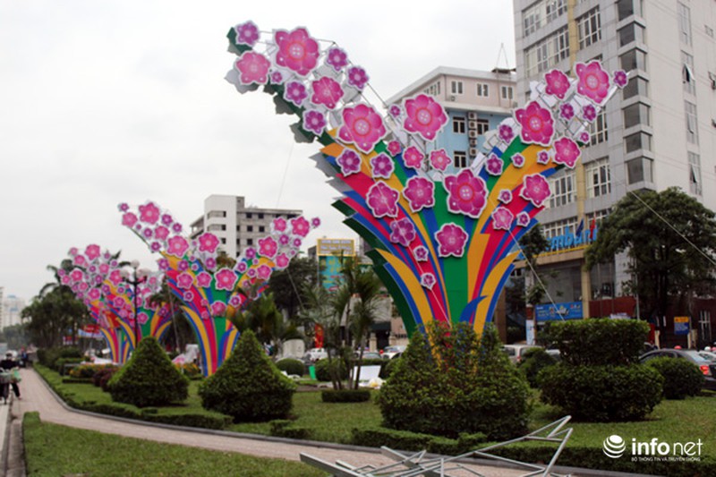 Trang trí hoa đào trên đường đẹp nhất Thủ đô: Chưa xong đã dỡ - ảnh 1