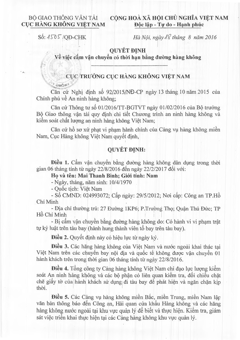 Cấm bay 6 tháng đối với hành khách tát tiếp viên hàng không - ảnh 1