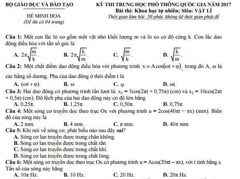 Bộ GD&ĐT công bố đề thi minh họa môn Lý năm 2017 - ảnh 1