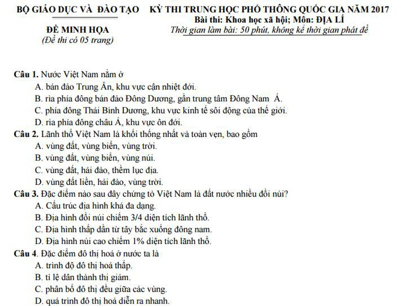 Bộ GD&ĐT công bố đề thi minh họa môn Địa năm 2017 - ảnh 1