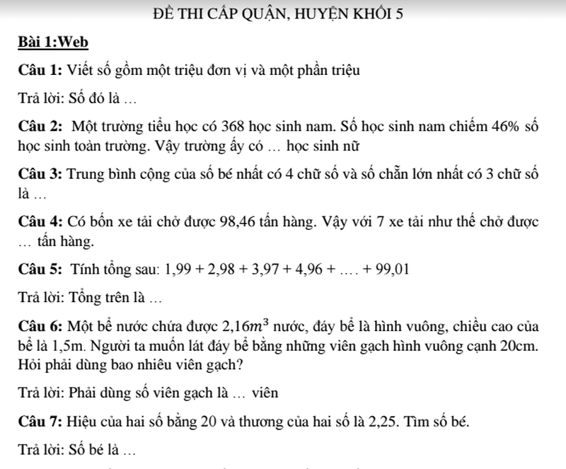 Đề thi ViOlympic cấp quận/huyện khối 5 năm 2016 môn Toán Tiếng Việt - ảnh 1