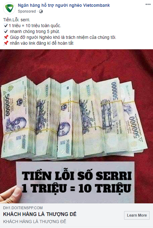 Xuất hiện fanpage Ngân hàng hỗ trợ người nghèo nhận đổi 1 triệu lấy 10 triệu, chạy quảng cáo rầm rộ trên Facebook: Cẩn thận tiền mất tật mang! - Ảnh 1.