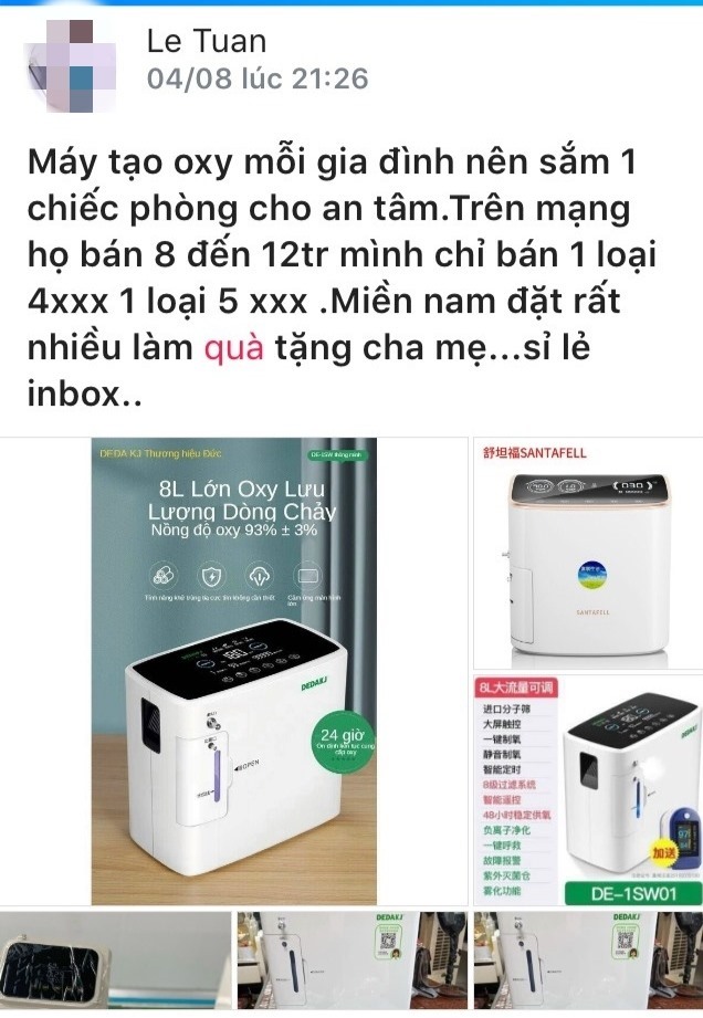 Cục Thương mại điện tử và Kinh tế số khuyến cáo người dân thận trọng khi mua máy thở và máy đo nồng độ oxy và thuốc quảng cáo điều trị COVID-19. Ảnh: C.N