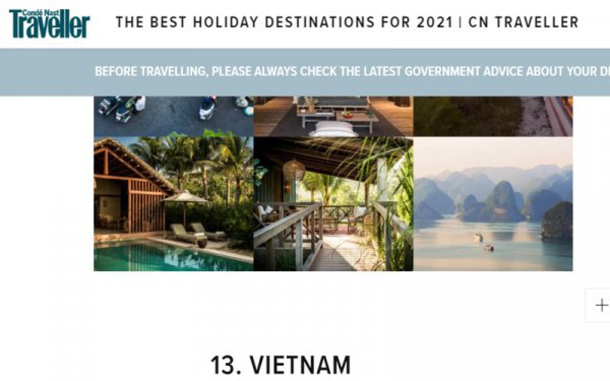 Vietnam ranked 13th among CNTraveller's selection of the top 21 holiday destinations for 2021.