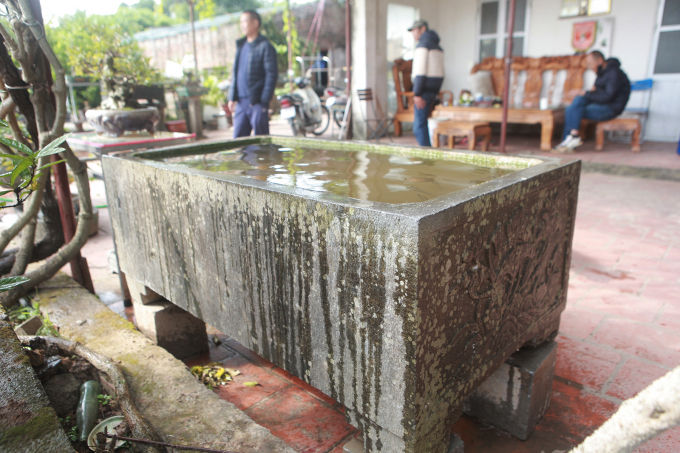 Bể đá cổ để trước sân nhà anh Tuấn nếu ai không biết giá trị thì nhìn rất bình thường như những bể đá khác chỉ để đựng nước, trồng sen ngắm chơi. Hình ảnh mặt sau của bể - mặt sau để trơn