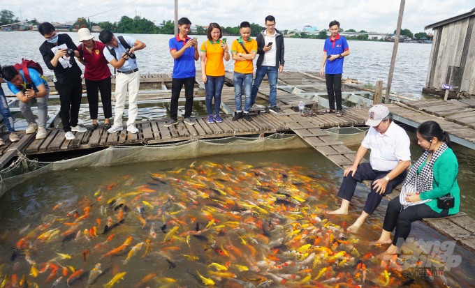 Khách tham quan làng bè nuôi cá ở Cồn Sơn. Ảnh: Ngọc Bích.