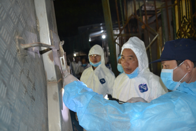 Kiểm tra niêm phong xe chở lợn trước khi đưa lợn vào chuồng. Ảnh: Trần Trung.
