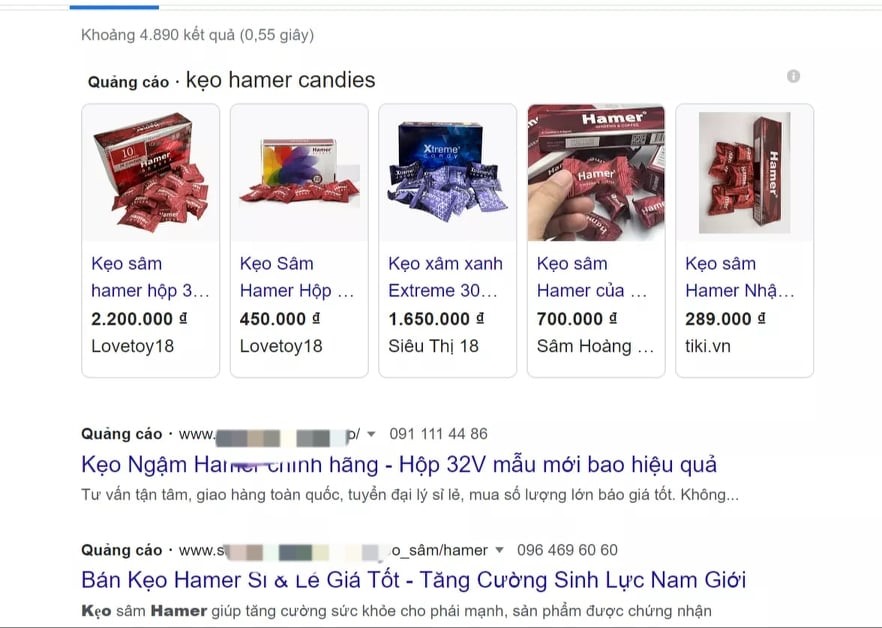 Hàng loạt website bán kẹo sâm Hamer. Ảnh: PV chụp màn hình