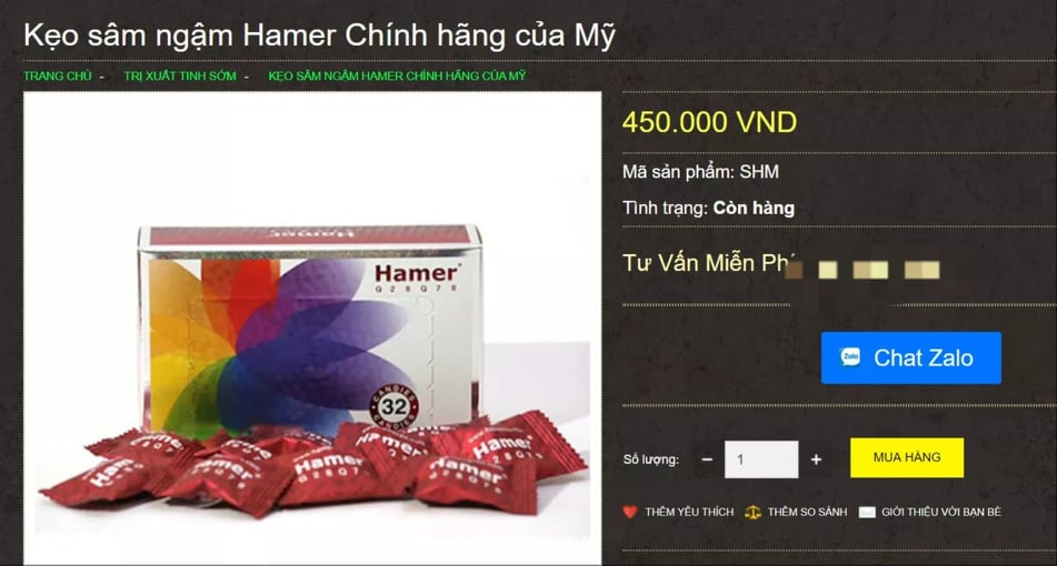 Hình ảnh kẹo Hamer trên website bán hàng online. Ảnh: PV chụp màn hình
