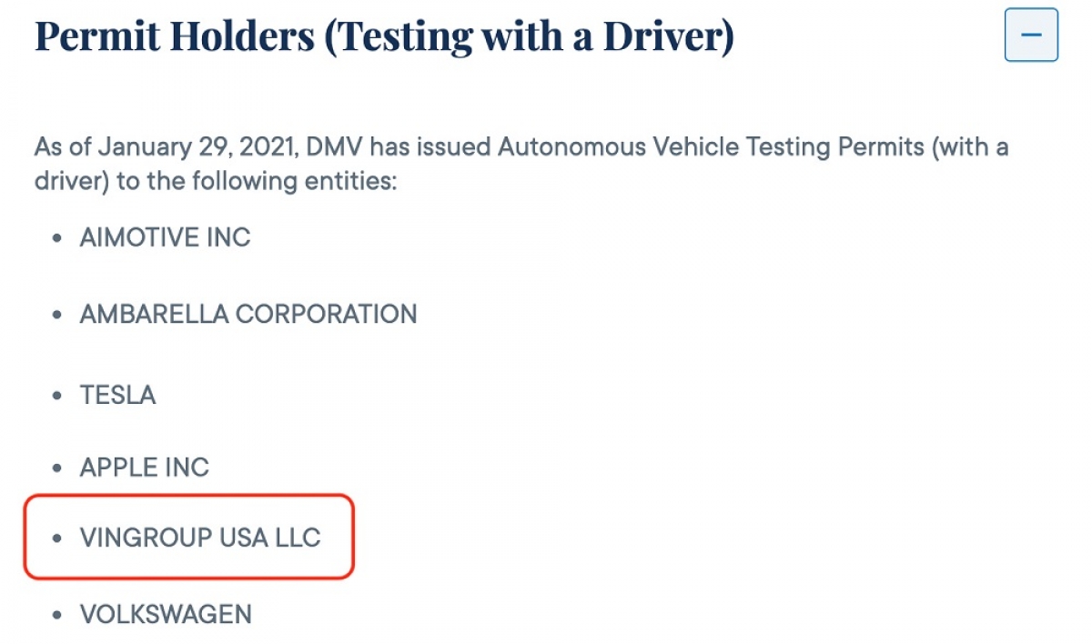 “Vingroup USA LLC” nằm trong danh sách được cấp Chứng chỉ thử nghiệm xe tự lái vào ngày 29/1/2021.
