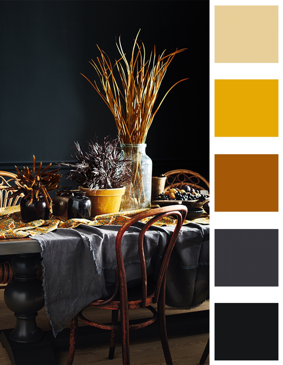 Autumn dining table with contrasting decorative objects.
