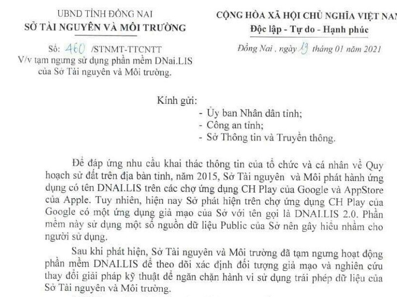 Ứng dụng tra cứu thông tin đất đai ở Đồng Nai bị giả mạo