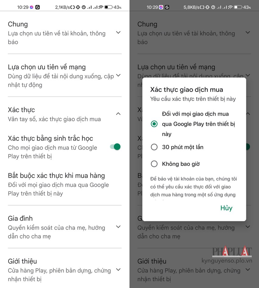 Kích hoạt tính năng yêu cầu xác thực trên Google Play. Ảnh: MINH HOÀNG
