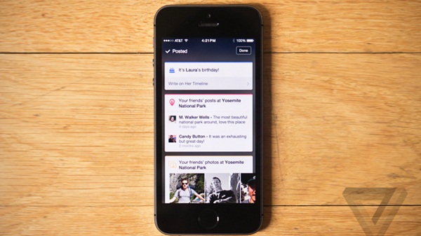 Facebook đang thử nghiệm khá nhiều tính năng độc đáo mới iOS: ứng dụng Facebook có thể tự hiển thị các thông tin liên quan của bạn bè về một bài đăng của bạn; cho phép viết bài khi không có mạng và cải thiện tốc độ News Feed.