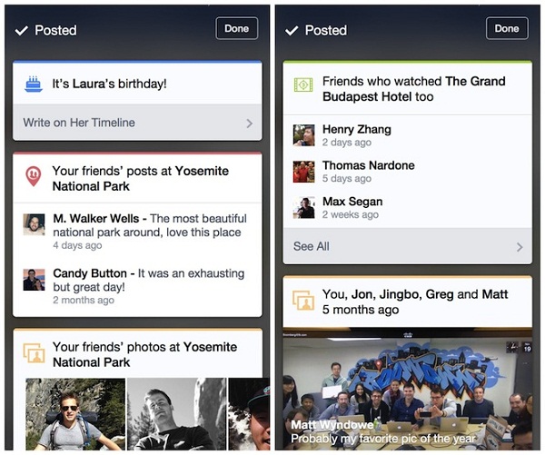 Facebook đang thử nghiệm khá nhiều tính năng độc đáo mới iOS: ứng dụng Facebook có thể tự hiển thị các thông tin liên quan của bạn bè về một bài đăng của bạn; cho phép viết bài khi không có mạng và cải thiện tốc độ News Feed.