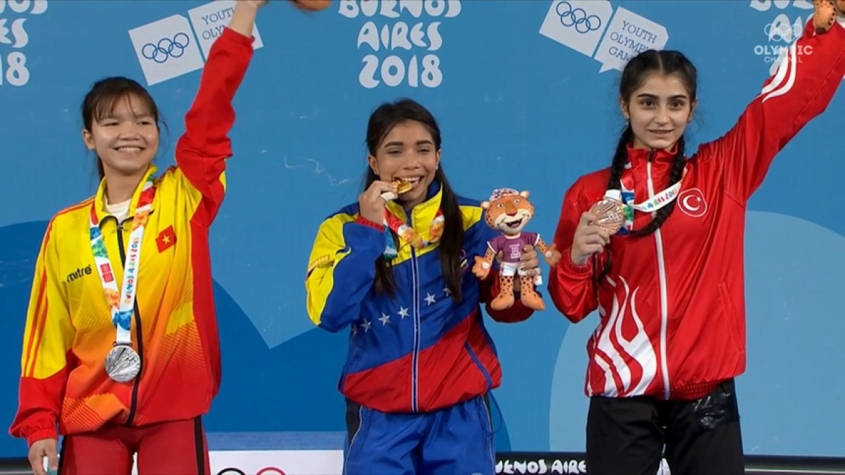 Thu Trang (first from left) won a silver at the IWF Youth World Championships 2018 in Argentina. (Photo: TV screenshot).