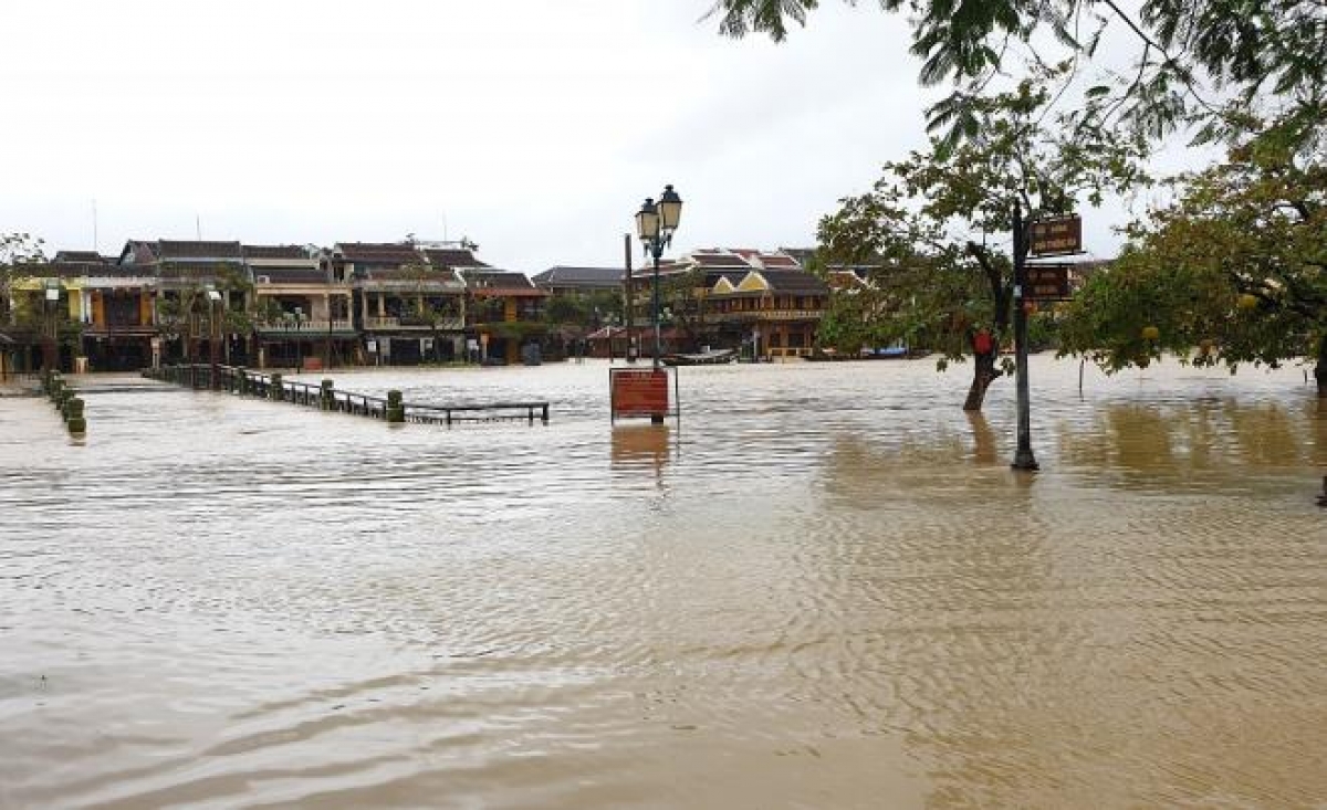 The morning of November 11 sees water levels of the Hoai River reach 1.75 metres due to continuous rainfall, exceeding the second alert level.