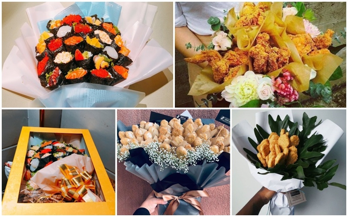 The strange range of bouquets made from food seems to excite potential customers.