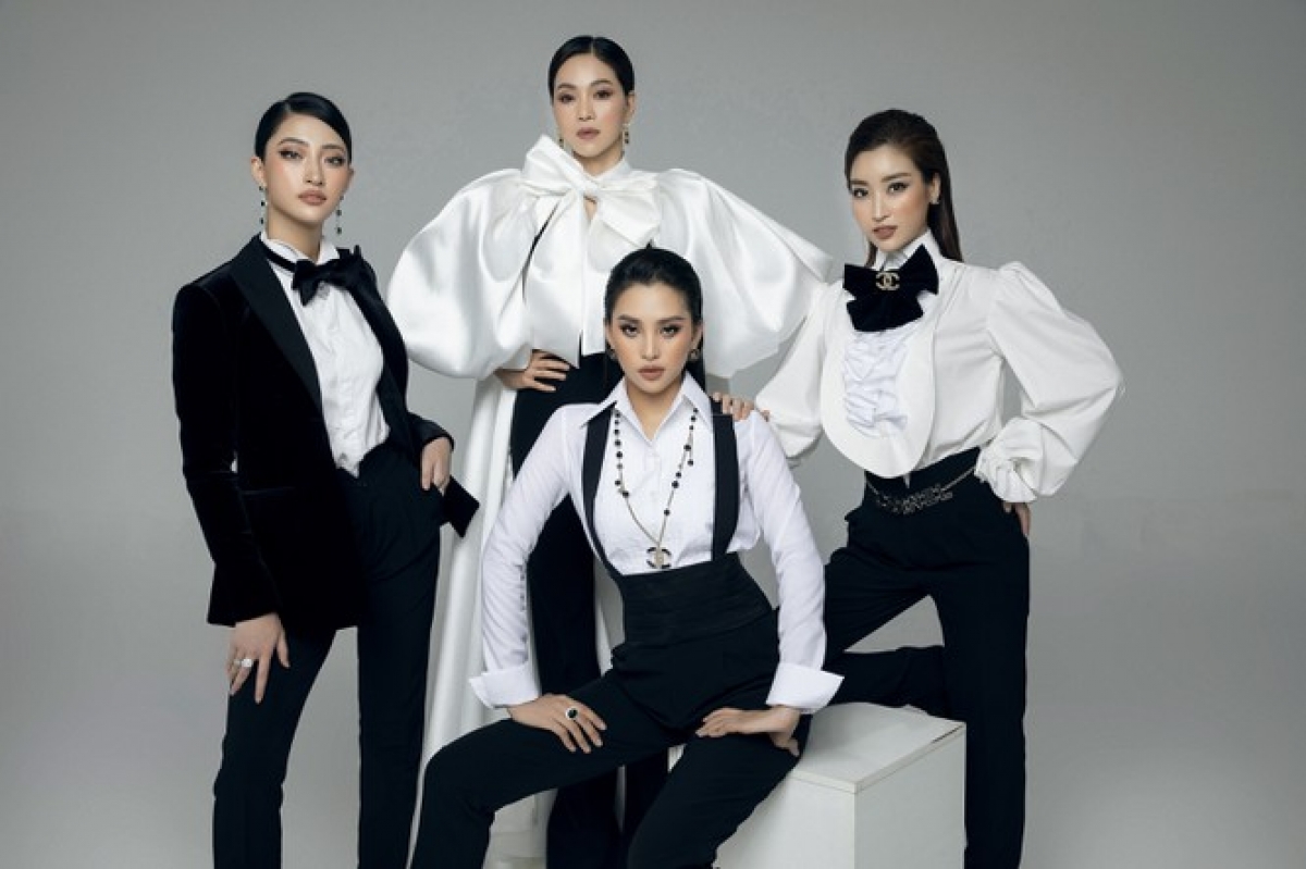 Pham Kim Dung, a member of the competition’s organising board, Do My Linh, Miss Vietnam 2016, Tran Tieu Vy, Miss Vietnam 2018, and Luong Thuy Linh, Miss World Vietnam 2019, pose in a menswear-style photoshoot ahead of the start of the Miss Fashion sub-category.