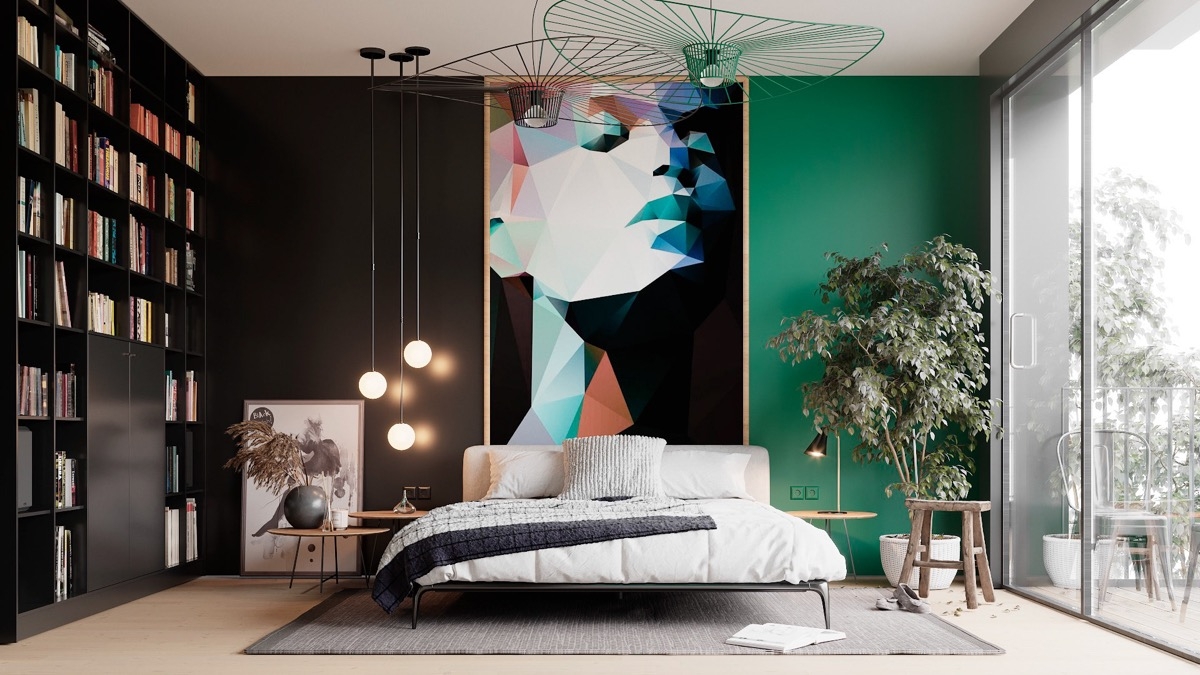 Rất hiếm khi màu đen được sử dụng trong không gian ngủ nhưng đi kèm với một bức tranh nghệ thuật là sự lựa chọn ấn tượng.