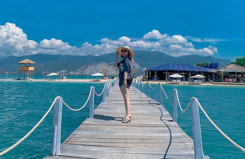 Four wooden bridges on the sea in Vietnam