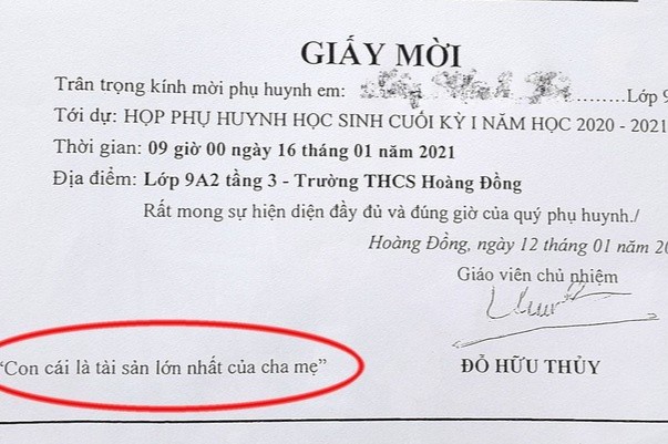 Thầy giáo bị phê bình vì ghi 'Con cái là tài sản lớn nhất của cha mẹ'