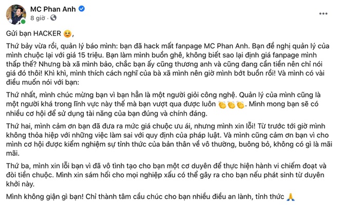 MC Phan Anh bị hack trang Facebook