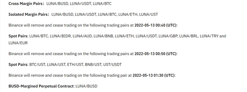 Sàn Binance xóa giao dịch LUNA