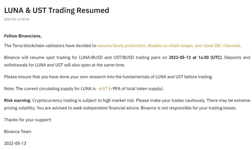 Binance mo lai giao dich LUNA anh 1